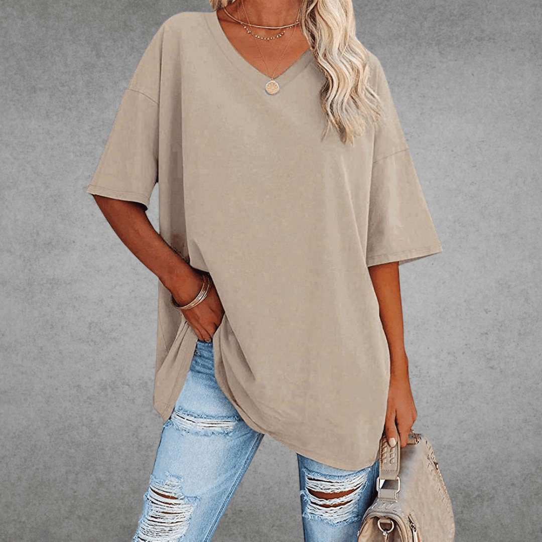 T-shirt damski z melanżu bawełny z dekoltem w szpic - Wygoda i styl zapewnione