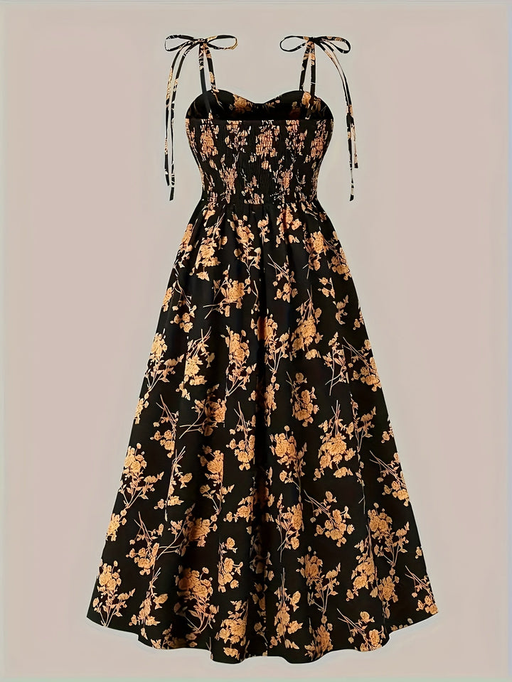 Seductive Floral Print Midi Dress with Elegant Tie Straps for Women