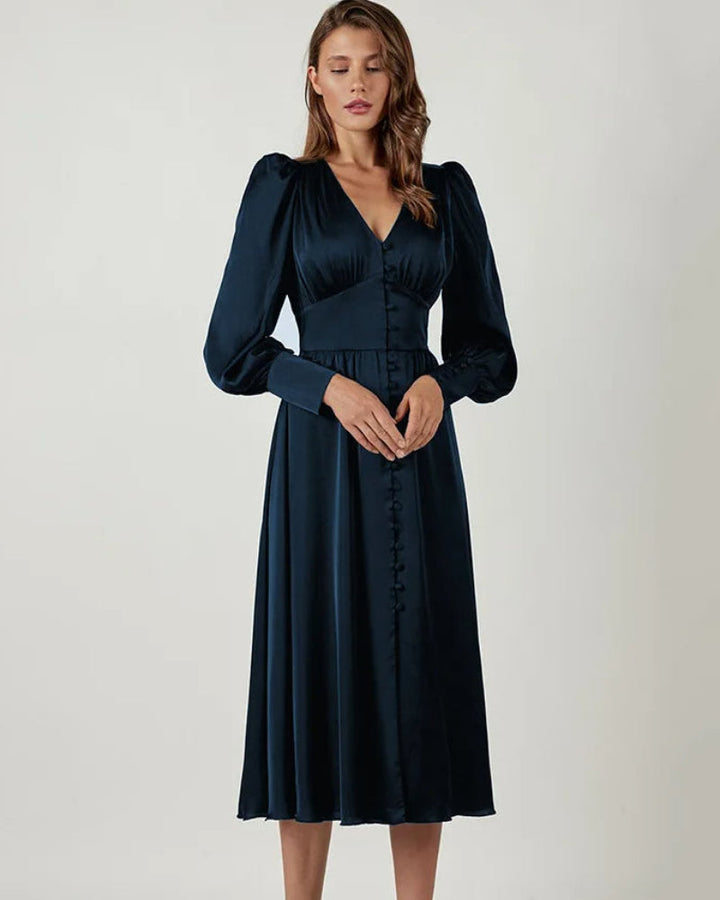 Elegancka satynowa sukienka Maxi Seraphina z dekoltem w szpic dla kobiet