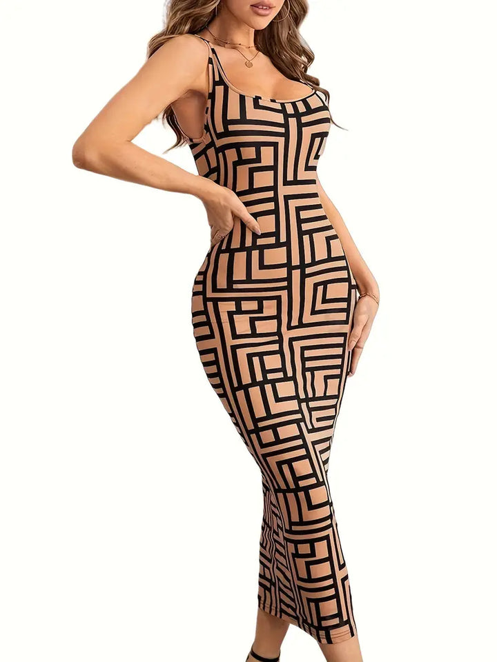 Elegant Women's Bodycon Midi Dress with Square Neck, Sleeveless Design and Modern Geometric Pattern for a Flattering Fit