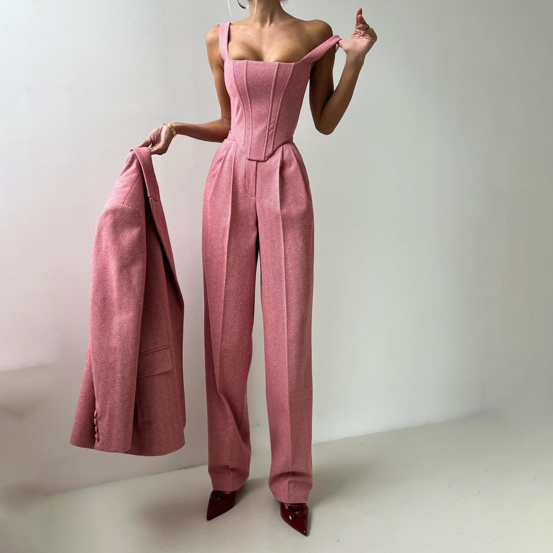 Stylowy 3-częściowy kombinezon damski z modną marynarką, eleganckim topem i wygodnymi szerokimi nogawkami