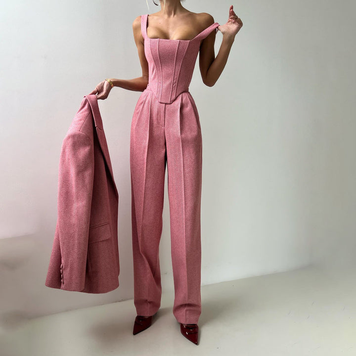 Stylowy 3-częściowy kombinezon damski z modną marynarką, eleganckim topem i wygodnymi szerokimi nogawkami
