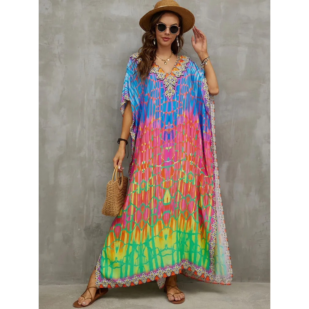 Elegant Women's Kaftan with Lightweight Flowy Fabric and V-Neck Loose Fit for Stylish Beach Cover-Up