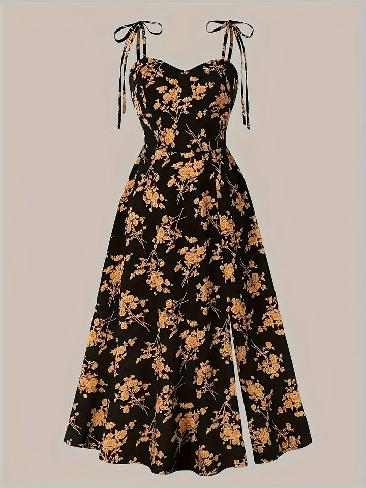 Seductive Floral Print Midi Dress with Elegant Tie Straps for Women