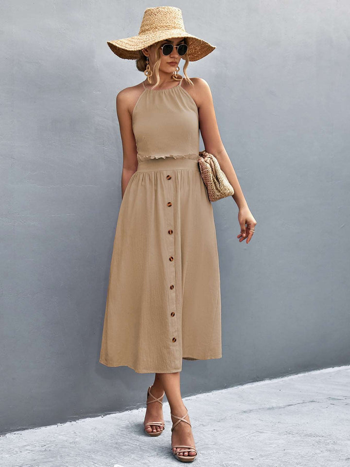 Elegant Women's Halter Neck Midi Dress with Sleeveless Button Front and Flowy A-Line Silhouette