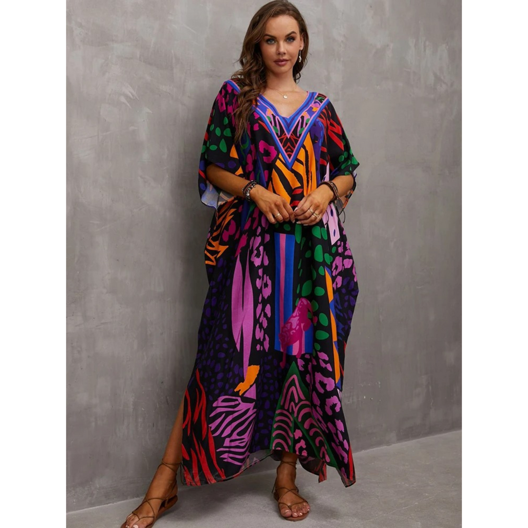 Elegant Women's Kaftan with Lightweight Flowy Fabric and V-Neck Loose Fit for Stylish Beach Cover-Up