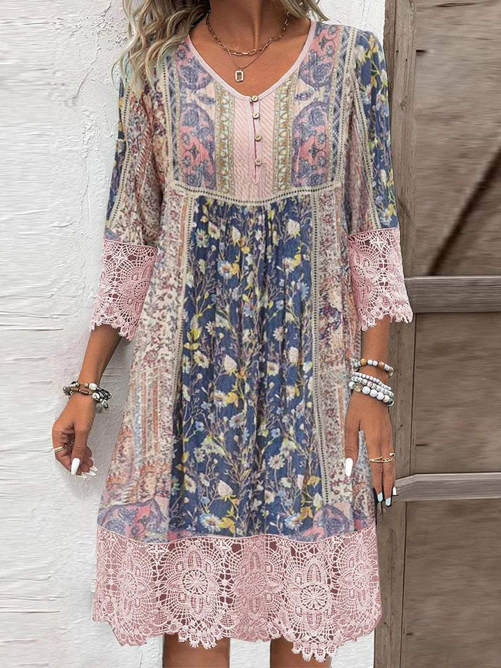 Robe Boho Chic pour Femmes - Décolleté en V avec Boutons - Manches Mi-Longues en Dentelle - Longueur Jupe Taille-Saumonélle Décontractée