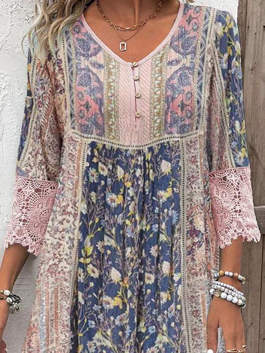 Robe Boho Chic pour Femmes - Décolleté en V avec Boutons - Manches Mi-Longues en Dentelle - Longueur Jupe Taille-Saumonélle Décontractée