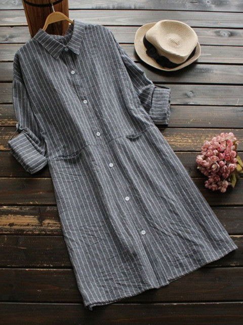 Camicia da Donna con Bottoni in Cotone Leggero - Vestibilità Comoda - A Righe e Lunghezza Media