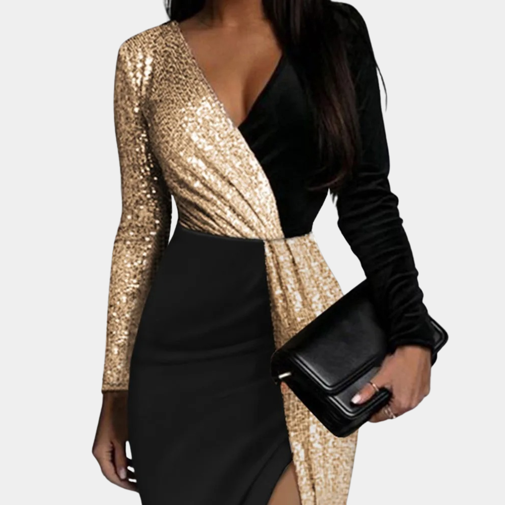 Elegantes Damen-Abendkleid - V-Ausschnitt Wickel-Design - Paillettenlange Ärmel - Schlanke Passform mit Schlitz