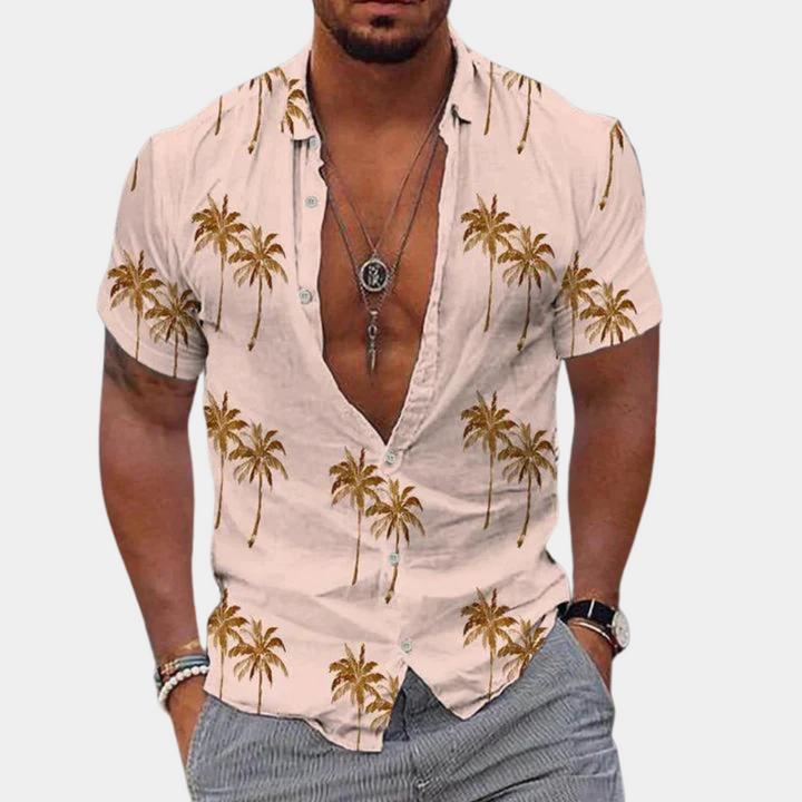 Koszulka męska z guzikami - dopasowany krój - Manches Courtes - nadruk Palmier Tropical w stylu kontraktowym