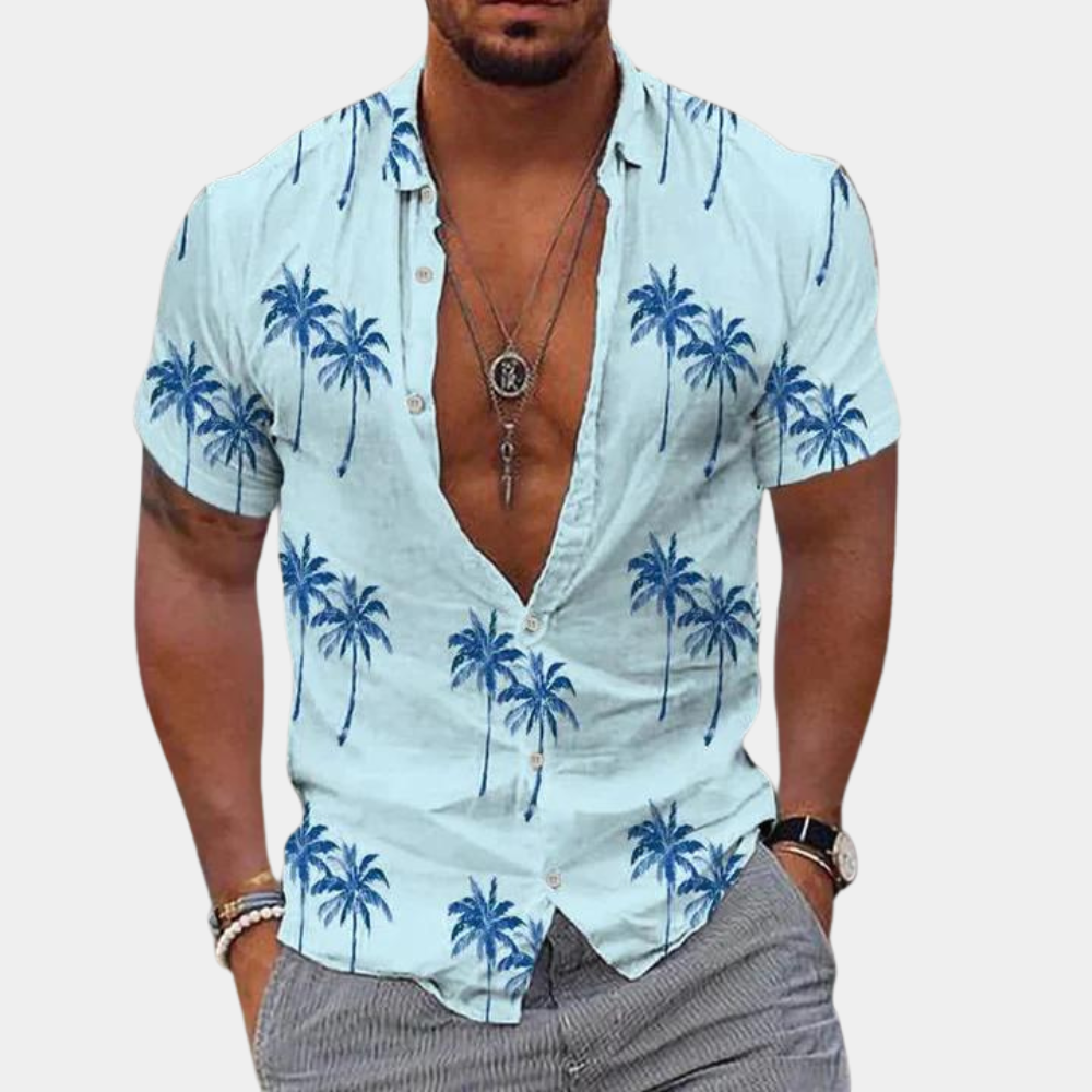Koszulka męska z guzikami - dopasowany krój - Manches Courtes - nadruk Palmier Tropical w stylu kontraktowym