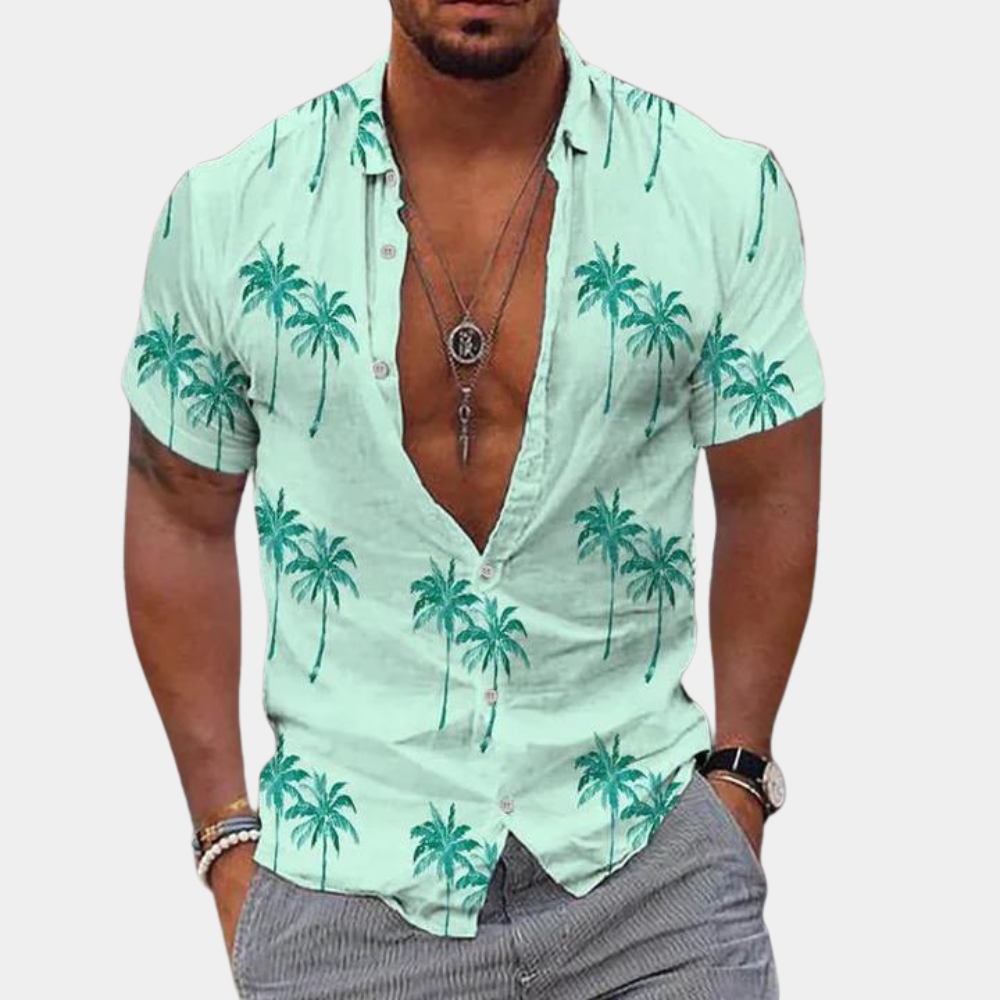 Koszulka męska z guzikami - dopasowany krój - Manches Courtes - nadruk Palmier Tropical w stylu kontraktowym
