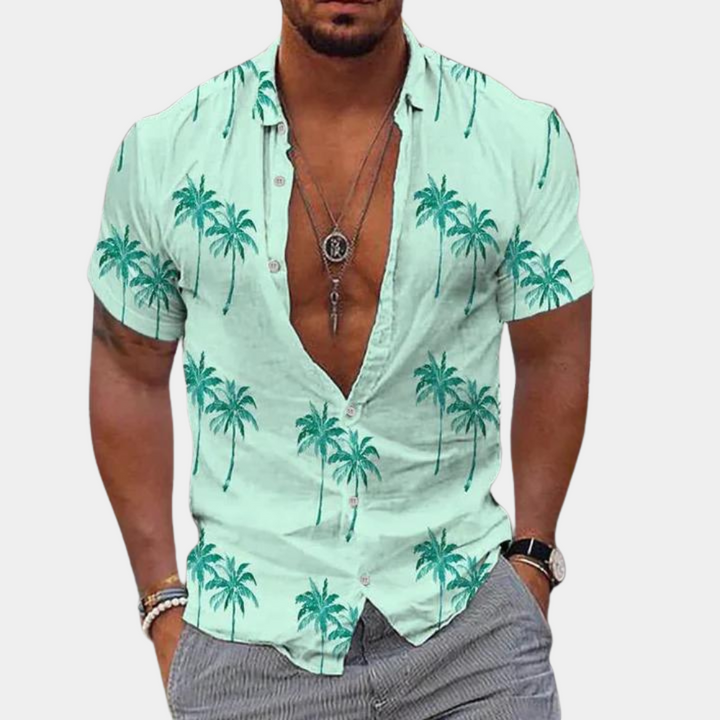 Koszulka męska z guzikami - dopasowany krój - Manches Courtes - nadruk Palmier Tropical w stylu kontraktowym