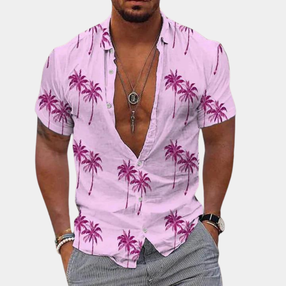 Koszulka męska z guzikami - dopasowany krój - Manches Courtes - nadruk Palmier Tropical w stylu kontraktowym