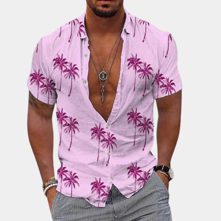 Koszulka męska z guzikami - dopasowany krój - Manches Courtes - nadruk Palmier Tropical w stylu kontraktowym