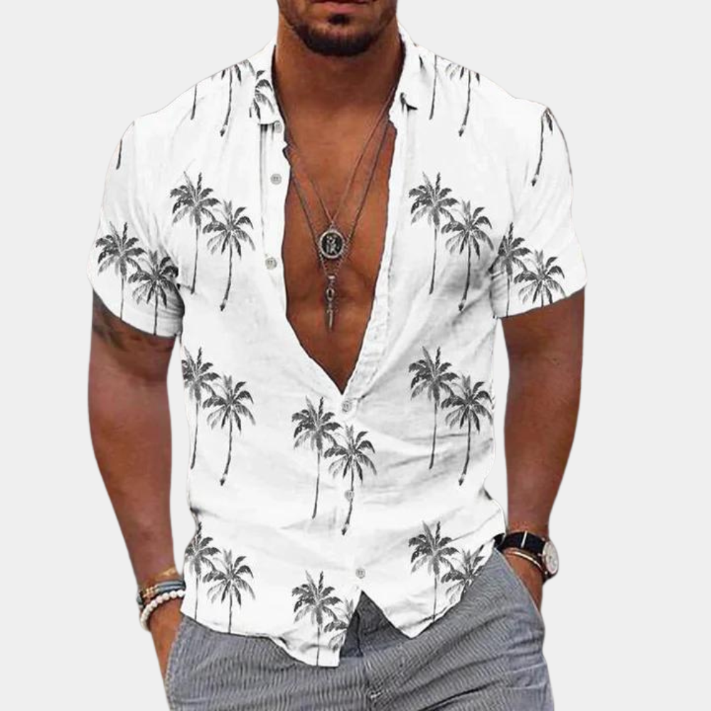 Koszulka męska z guzikami - dopasowany krój - Manches Courtes - nadruk Palmier Tropical w stylu kontraktowym