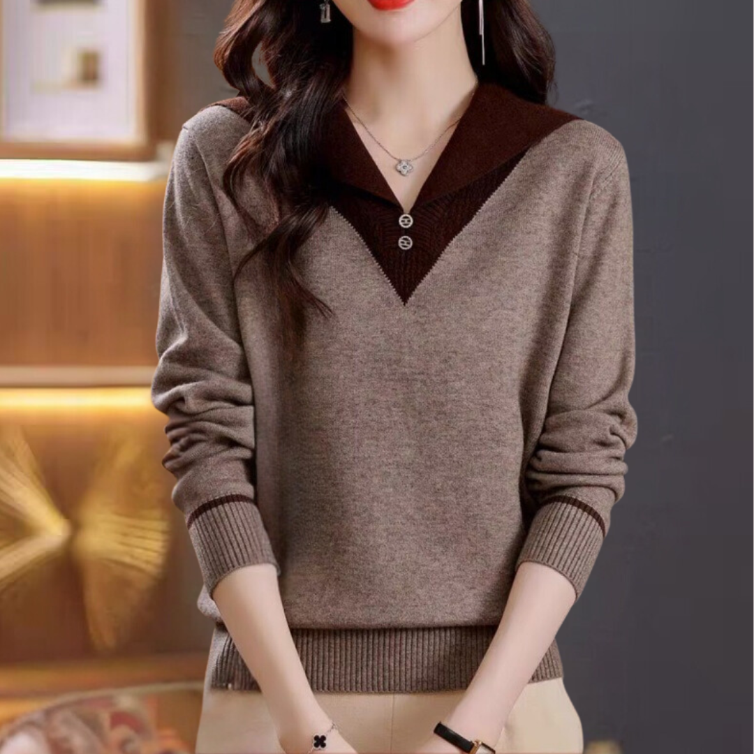 Szykowny damski sweter z dekoltem w serek i eleganckim patchworkowym wzorem