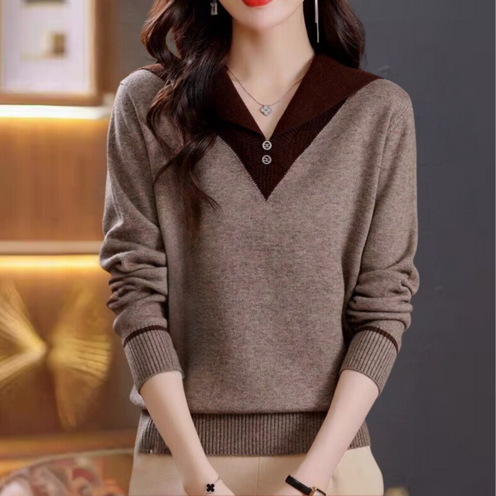 Szykowny damski sweter z dekoltem w serek i eleganckim patchworkowym wzorem