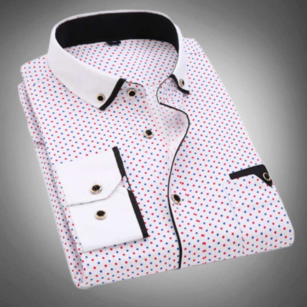 Elegancka koszulka męska z motywem pois, klasycznym kołnierzem, długimi mankietami i wypustkami na piersi