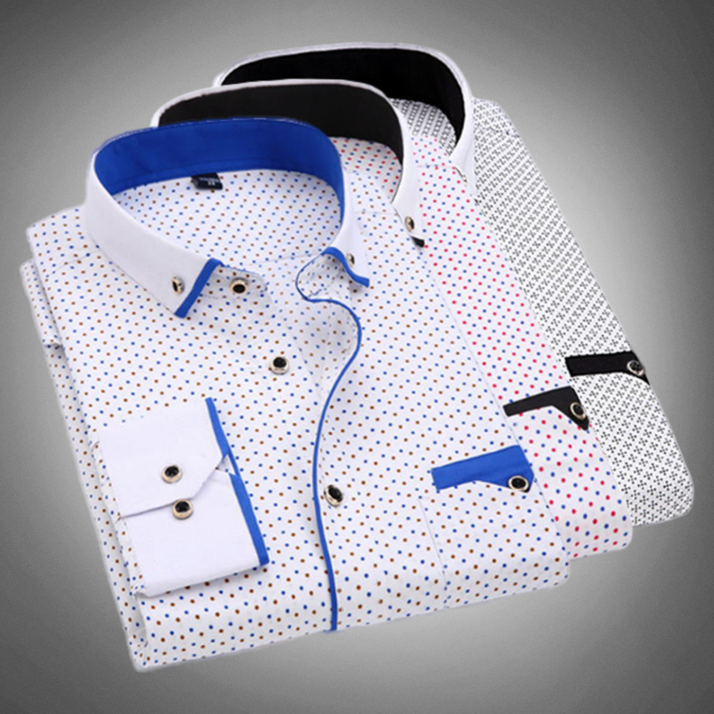Elegancka koszulka męska z motywem pois, klasycznym kołnierzem, długimi mankietami i wypustkami na piersi