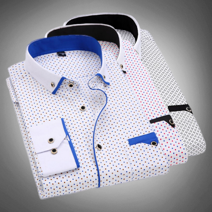 Elegancka koszulka męska z motywem pois, klasycznym kołnierzem, długimi mankietami i wypustkami na piersi