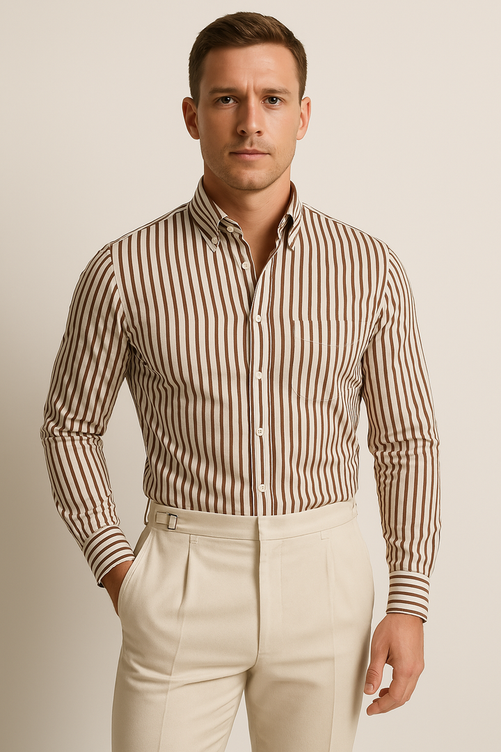 Camisa de Manga Larga para Hombre - Ajuste a Medida - Mezcla de Algodón - Con Botones - Formal a Rayas