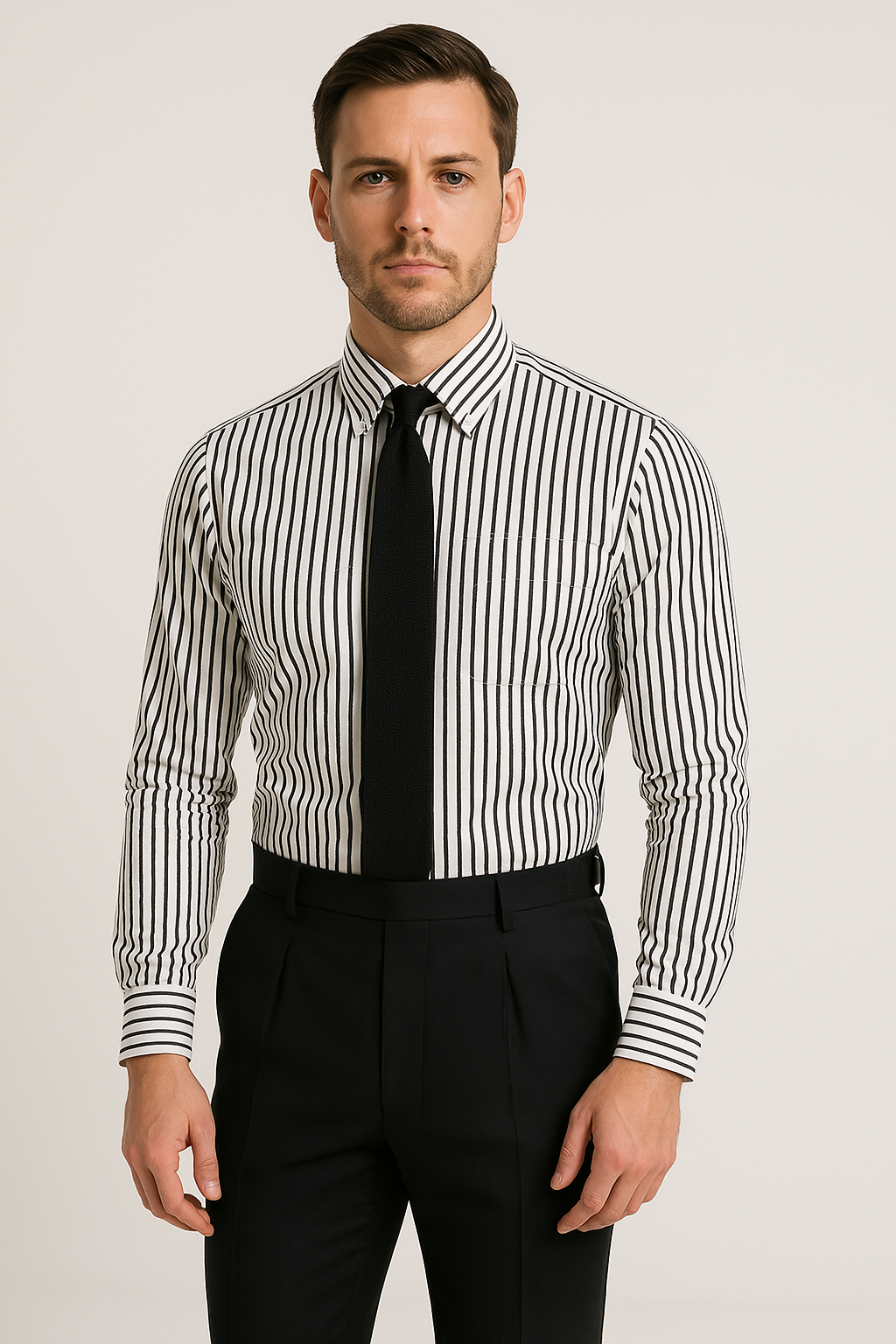 Camisa de Manga Larga para Hombre - Ajuste a Medida - Mezcla de Algodón - Con Botones - Formal a Rayas