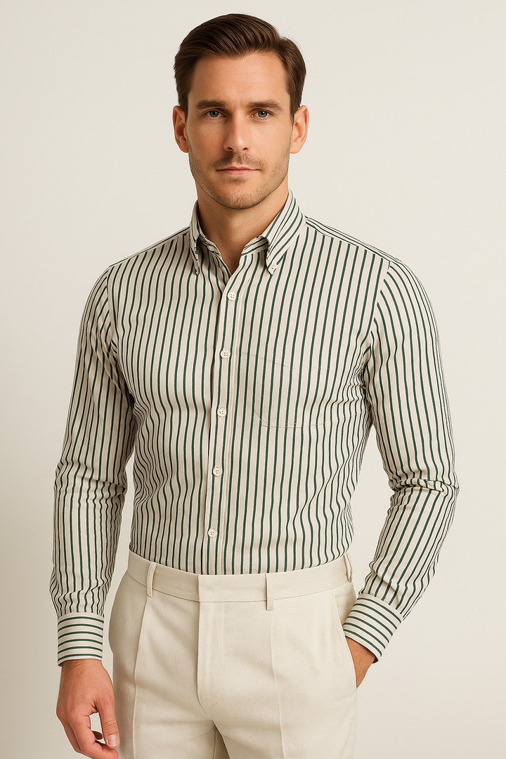 Camisa de Manga Larga para Hombre - Ajuste a Medida - Mezcla de Algodón - Con Botones - Formal a Rayas