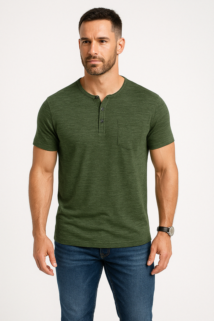 Męska koszulka Henley Slim Fit z kieszenią na piersi - miękka mieszanka bawełny, krótki rękaw