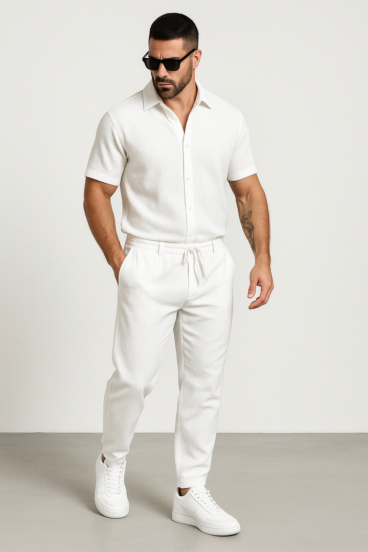 Camisa Casual para Hombre - Mezcla de Algodón y Lino - Corte Regular - Manga Corta - Cierre de Botón