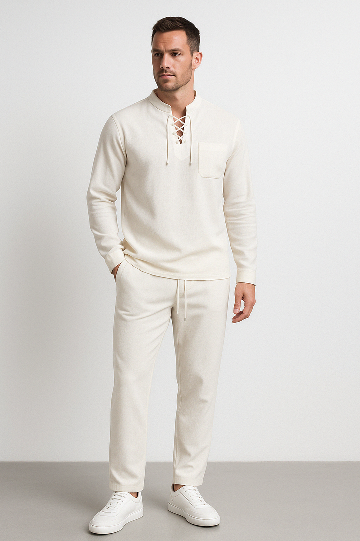 Męska casualowa koszula Henley - mieszanka bawełny i lnu ze stylowym sznurowaniem na piersi - wygodny luźny krój i kołnierzyk z gumką