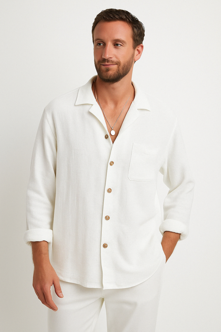 Koszulka męska z melanżu bawełny i lnu - Coupe Décontractée - Manches Longues pour un Style Décontracté