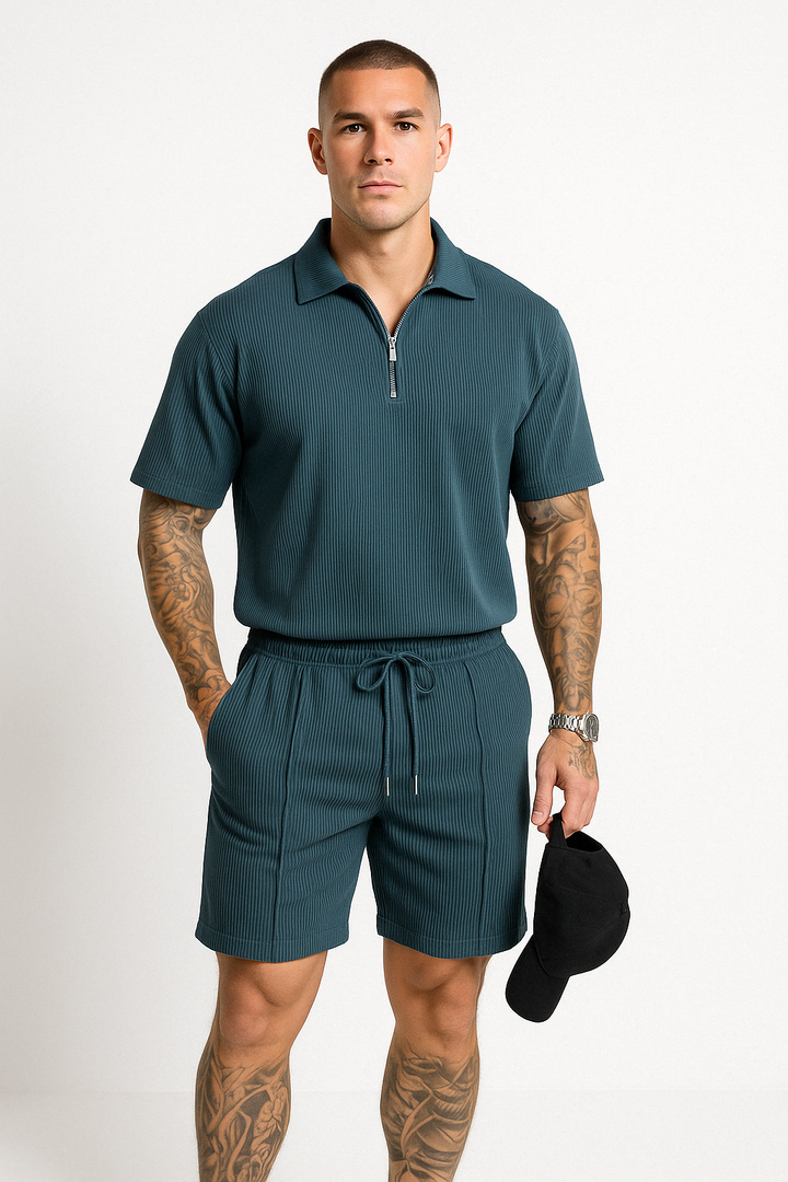 "Conjunto de Polo y Pantalones Cortos para Hombre - Ajuste Cómodo - Cuello con Cremallera - Cintura con Cordón - Algodón Transpirable"