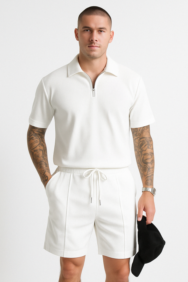 "Conjunto de Polo y Pantalones Cortos para Hombre - Ajuste Cómodo - Cuello con Cremallera - Cintura con Cordón - Algodón Transpirable"