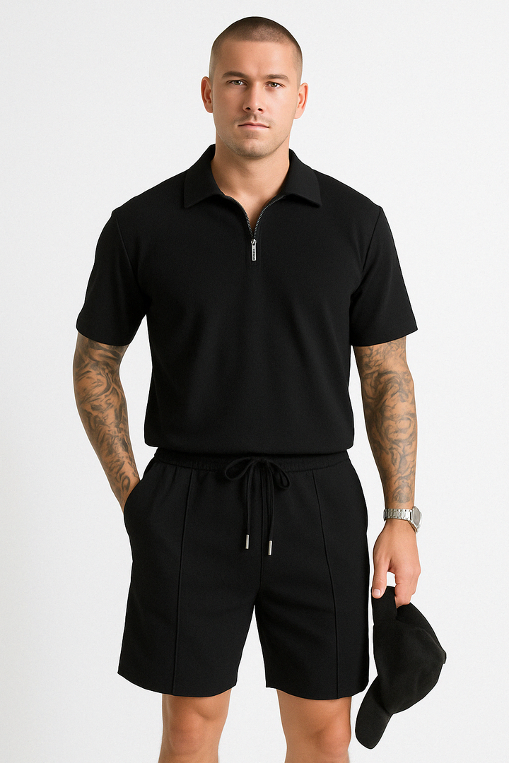 "Conjunto de Polo y Pantalones Cortos para Hombre - Ajuste Cómodo - Cuello con Cremallera - Cintura con Cordón - Algodón Transpirable"