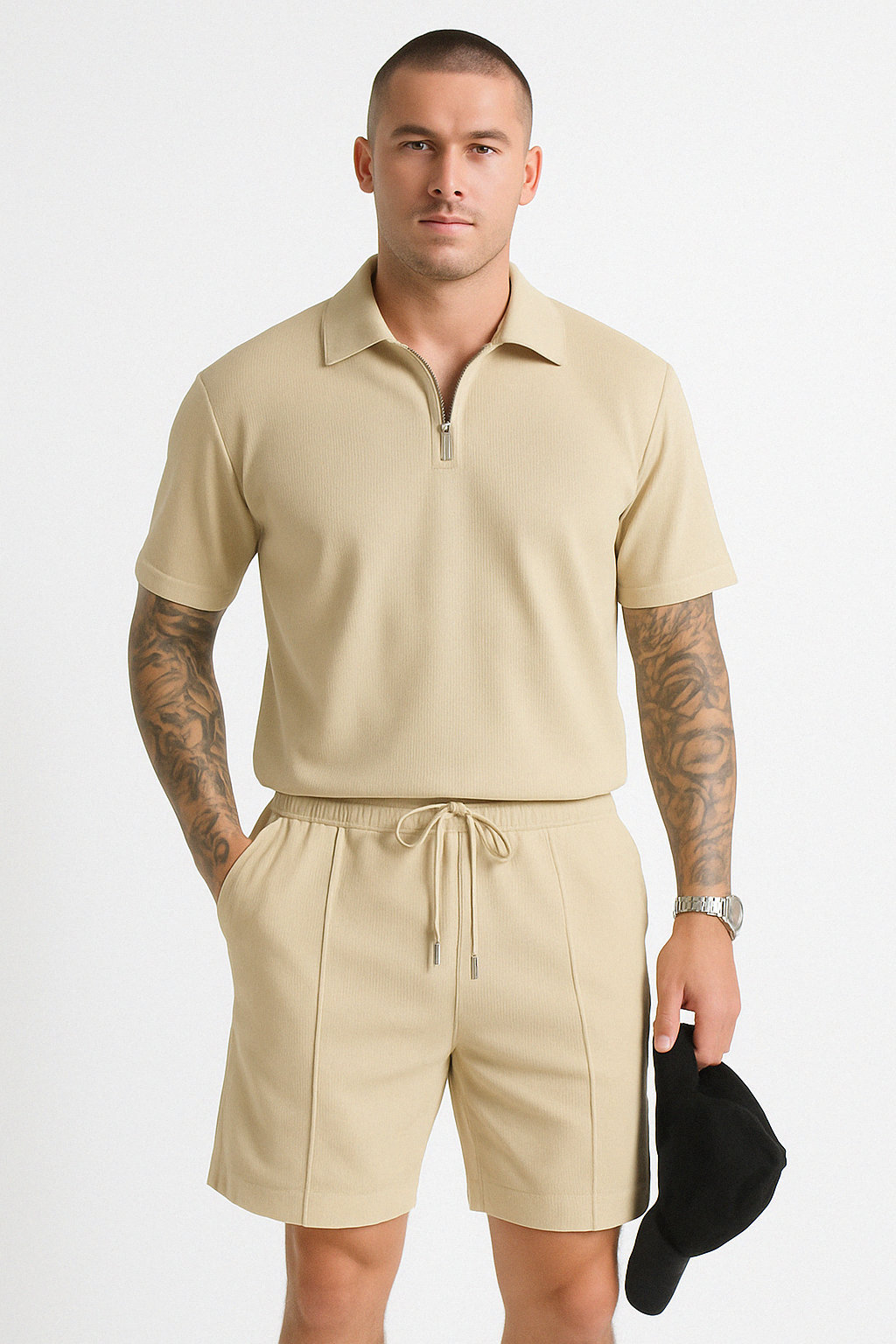 "Conjunto de Polo y Pantalones Cortos para Hombre - Ajuste Cómodo - Cuello con Cremallera - Cintura con Cordón - Algodón Transpirable"