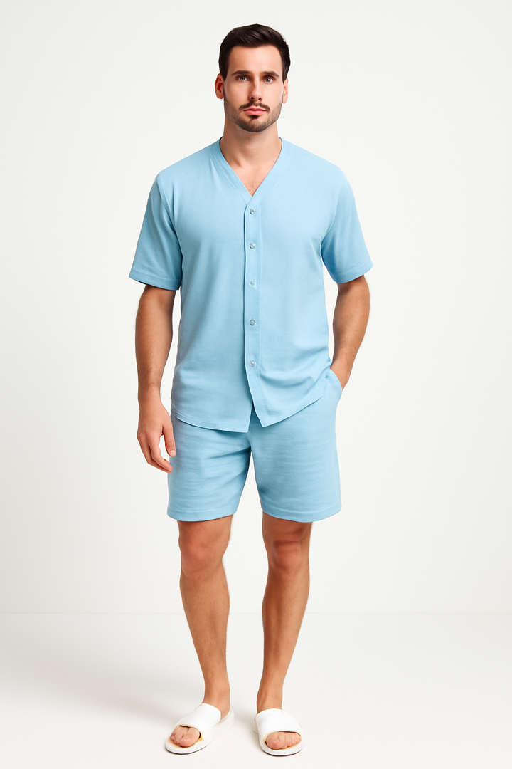 Conjunto Masculino de Dos Piezas - Camisa de Cuello en V con Botones - Shorts de Ajuste Cómodo - Algodón Transpirable