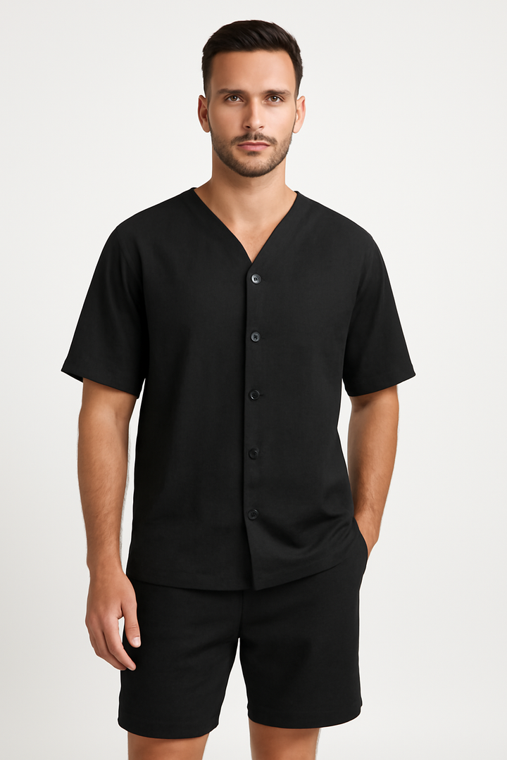 Conjunto Masculino de Dos Piezas - Camisa de Cuello en V con Botones - Shorts de Ajuste Cómodo - Algodón Transpirable