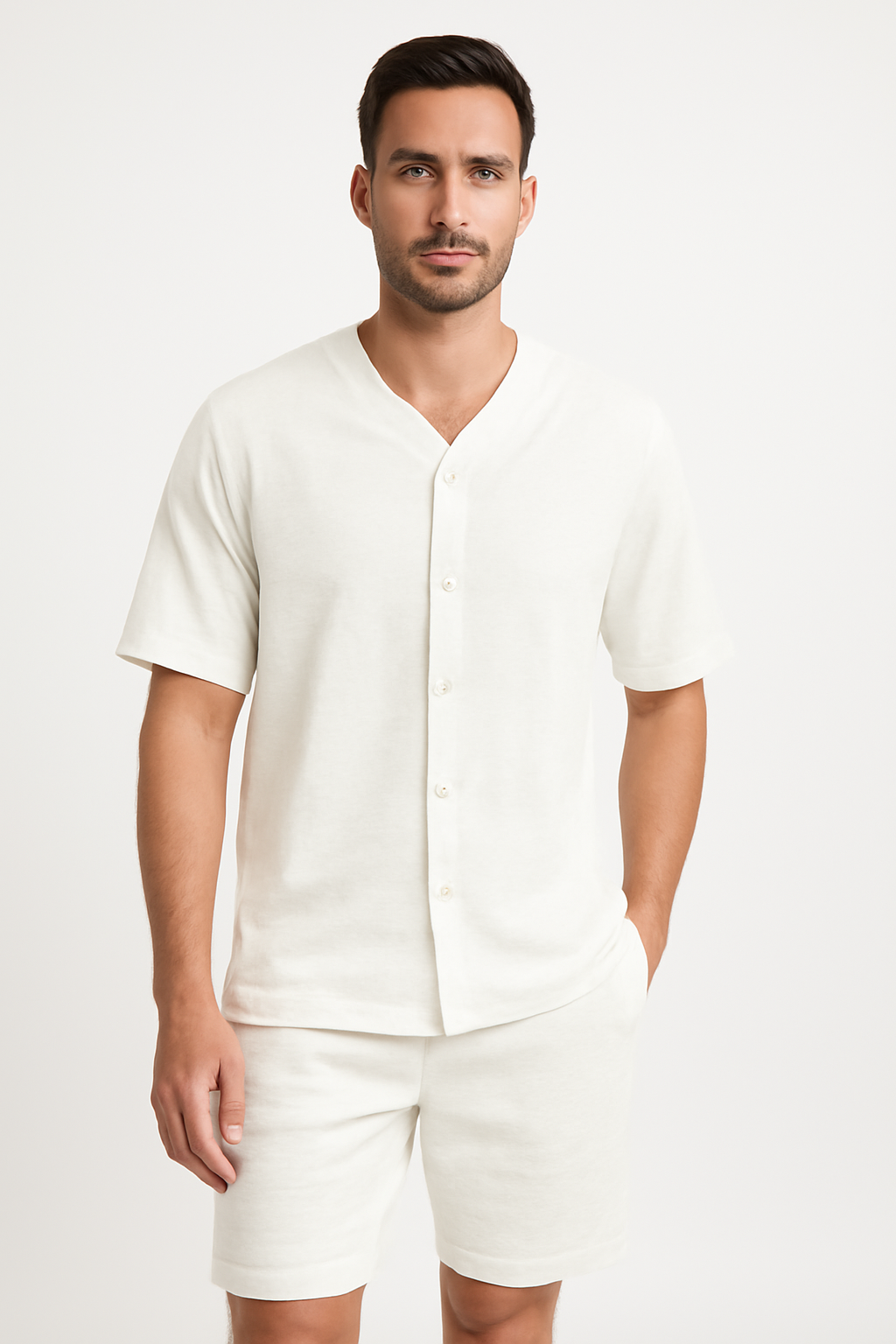 Conjunto Masculino de Dos Piezas - Camisa de Cuello en V con Botones - Shorts de Ajuste Cómodo - Algodón Transpirable