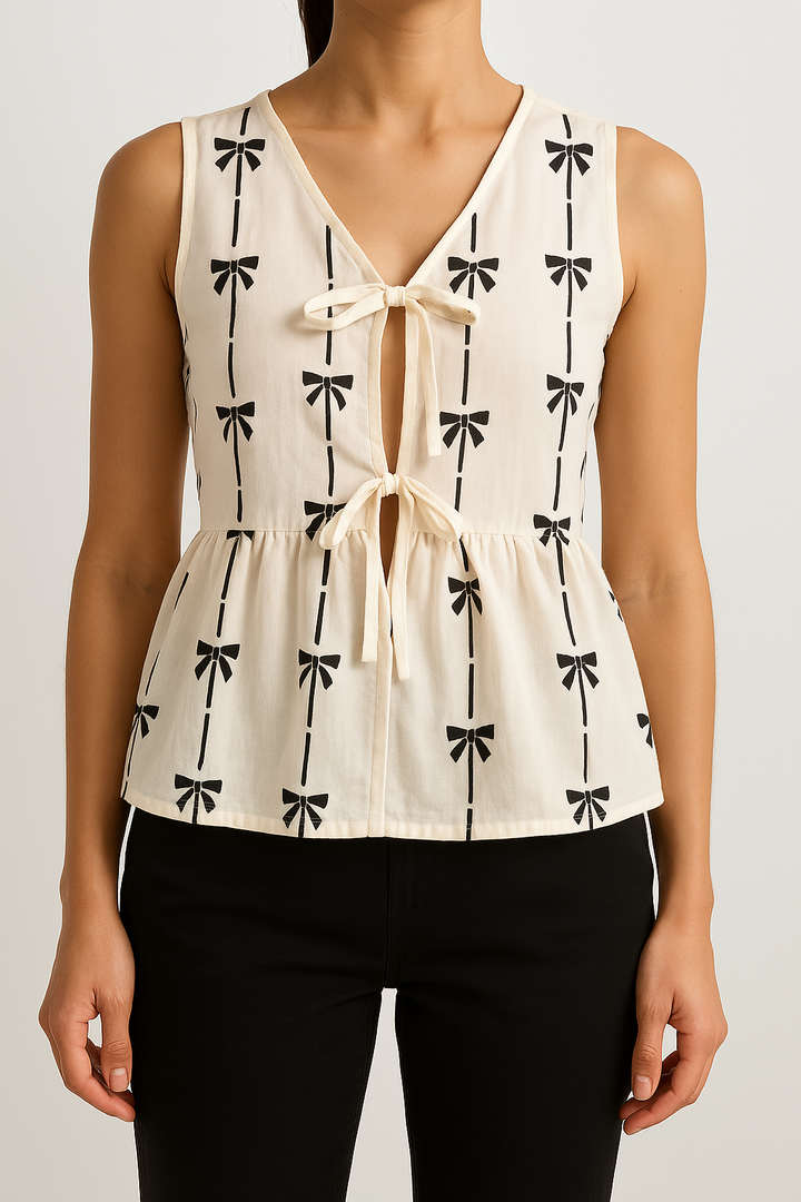 Blusa sin Mangas para Mujer - Fit Relajado - Escote en V - Laço Frontal con Diseño Impreso