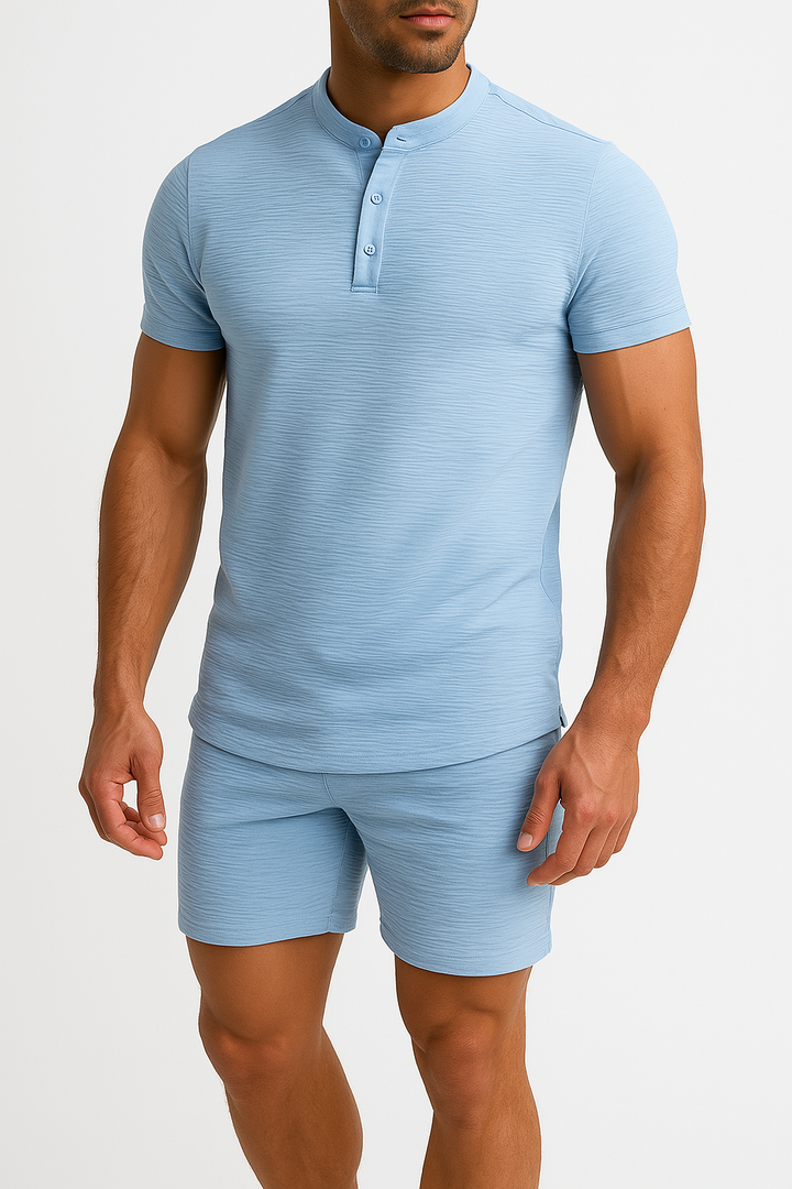 Ensemble Décontracté pour Hommes - Mélange Coton Lin - Chemise Slim Fit Henley & Short Confortable