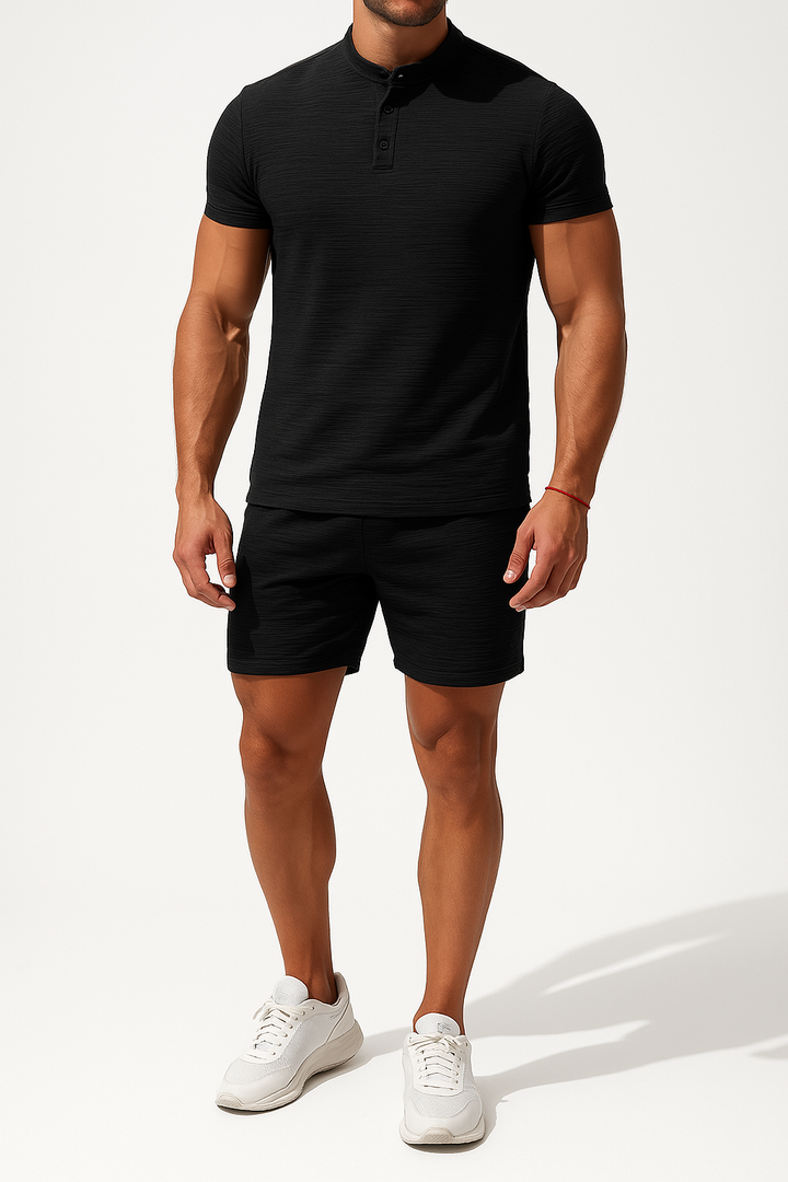 Ensemble Décontracté pour Hommes - Mélange Coton Lin - Chemise Slim Fit Henley & Short Confortable