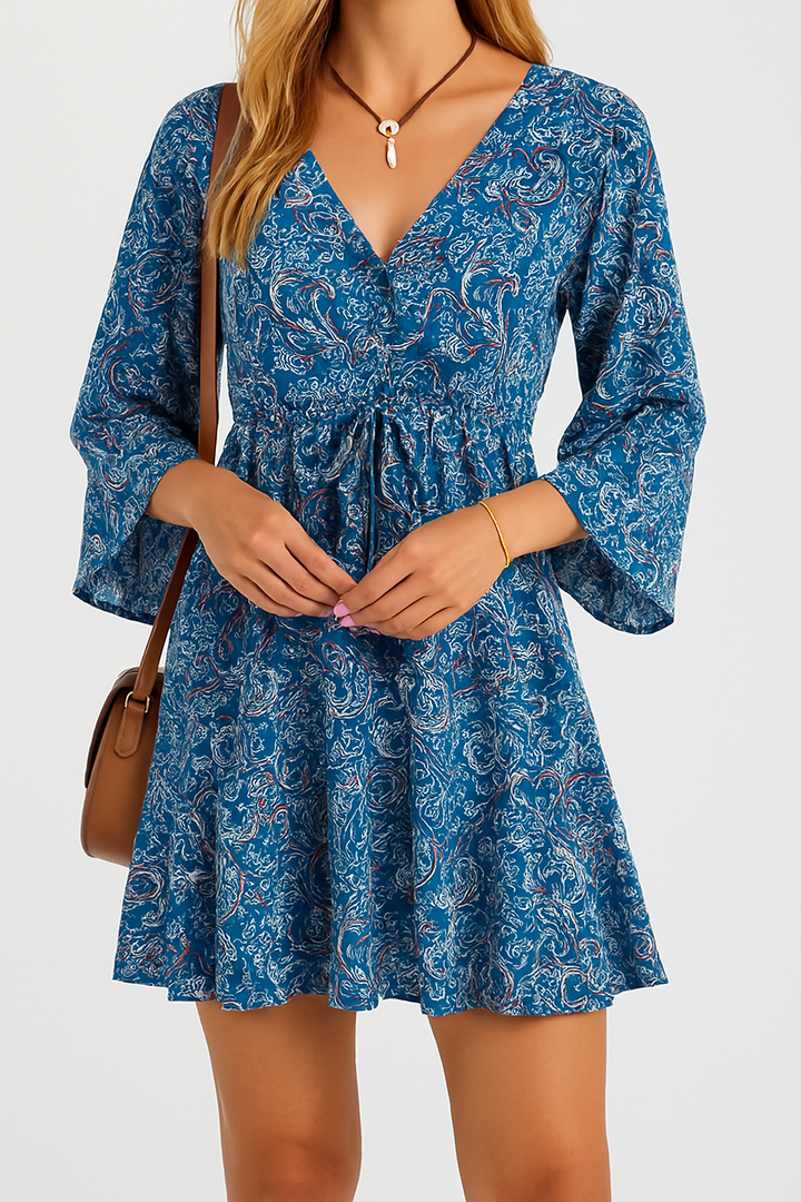 Szlafrok mini vintage boho z nadrukiem - elegancki na każdą okazję - styl bez kontraktu z kołnierzykiem w kształcie litery V