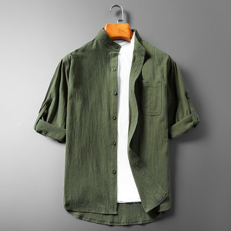 Camisa męska z botonami - Cuello band - Manga larga con manga enrollable - Tecido transpirable y texturizado