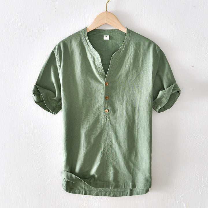Camisa Casual para Hombre - Lino Ligero - Manga Corta - Corte Relajado - Escote en V