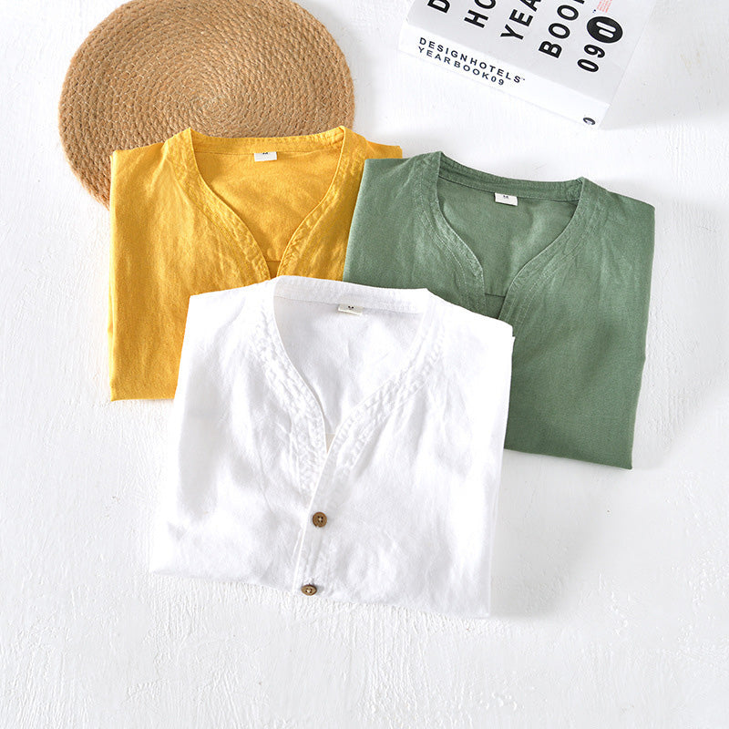 Camisa Casual para Hombre - Lino Ligero - Manga Corta - Corte Relajado - Escote en V