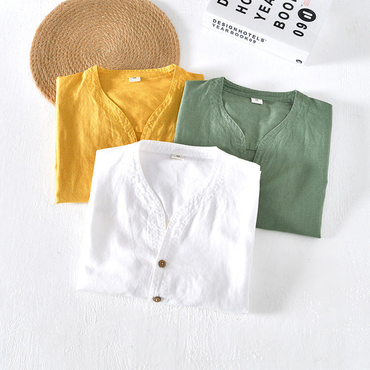 Camisa Casual para Hombre - Lino Ligero - Manga Corta - Corte Relajado - Escote en V