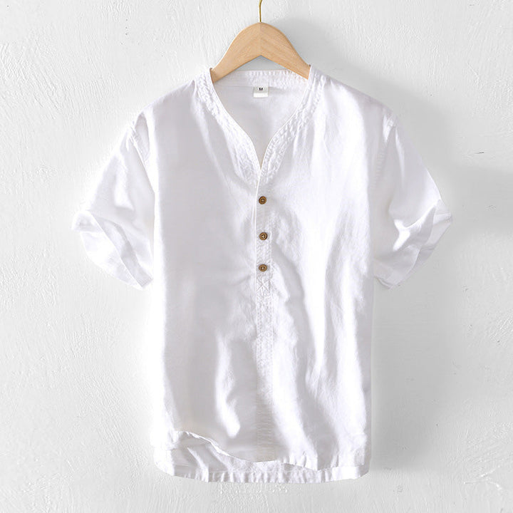Camisa Casual para Hombre - Lino Ligero - Manga Corta - Corte Relajado - Escote en V