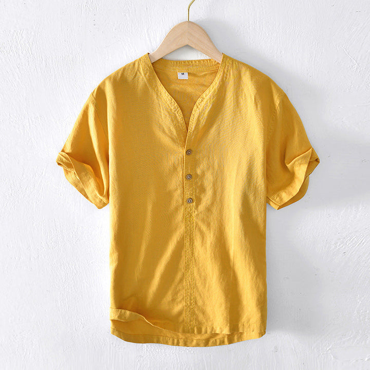 Camisa Casual para Hombre - Lino Ligero - Manga Corta - Corte Relajado - Escote en V